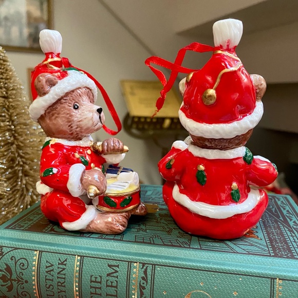 Vintage Teddy Bear Christmas Ornaments Set of 2, Christmas Bears Playing Drums - Picture 5 of 9